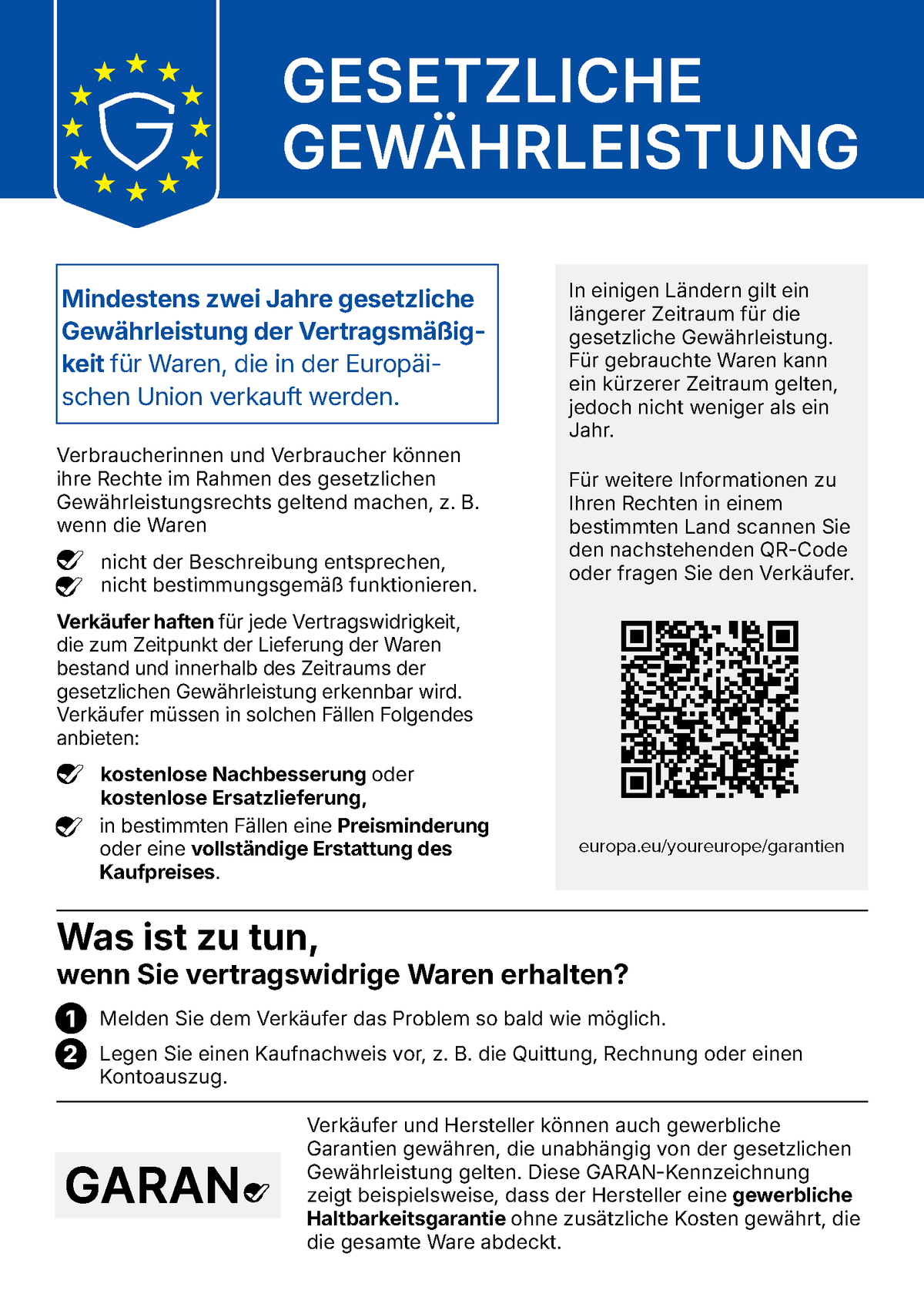 Gesetzliche Gewährleistung – für in der EU verkaufte Waren gilt ein Schutz von mindestens zwei Jahren