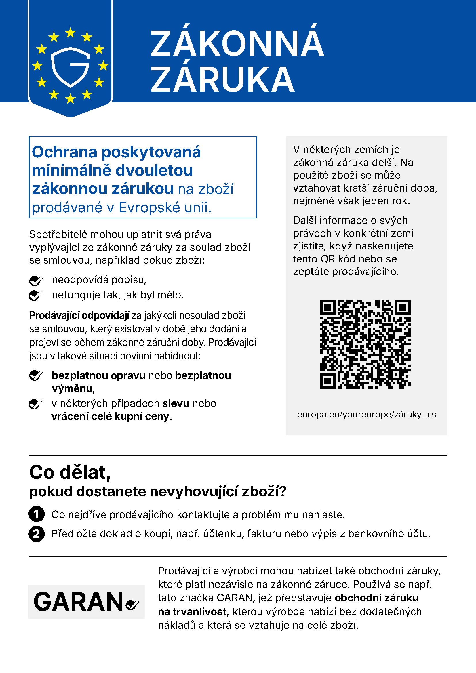 Oznámení o zákonné záruce – v Evropské unii platí na zboží nejméně dvouletá zákonná ochrana