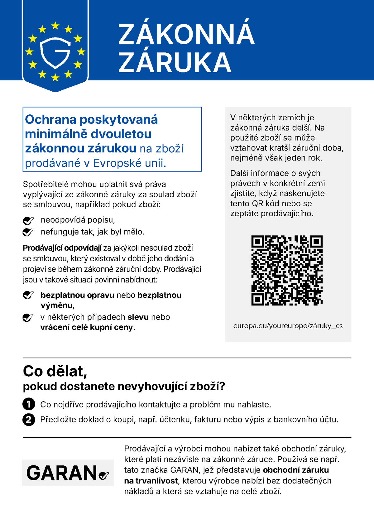 Zákonná záruka – v Evropské unii platí na zboží nejméně dvouletá zákonná ochrana