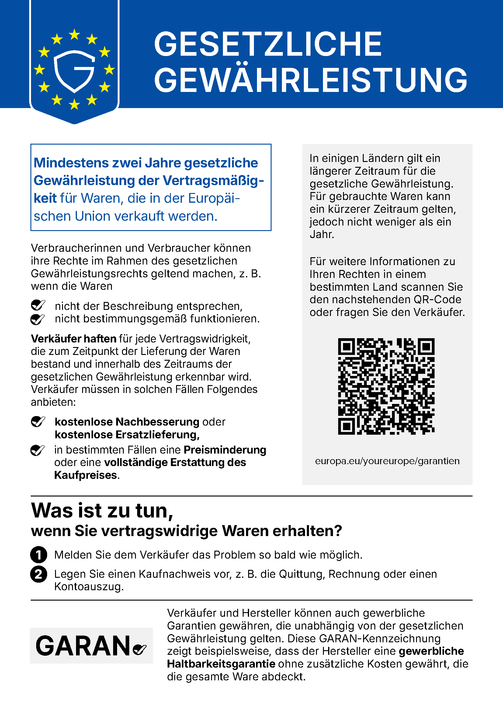 Hinweis zur gesetzlichen Gewährleistung – für in der EU verkaufte Waren gilt ein Schutz von mindestens zwei Jahren