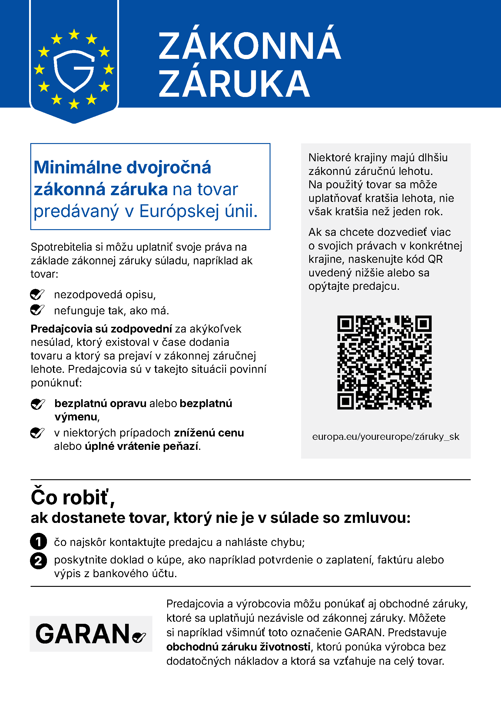 Oznámenie o zákonnej záruke – v Európskej únii platí na tovar najmenej dvojročná zákonná ochrana